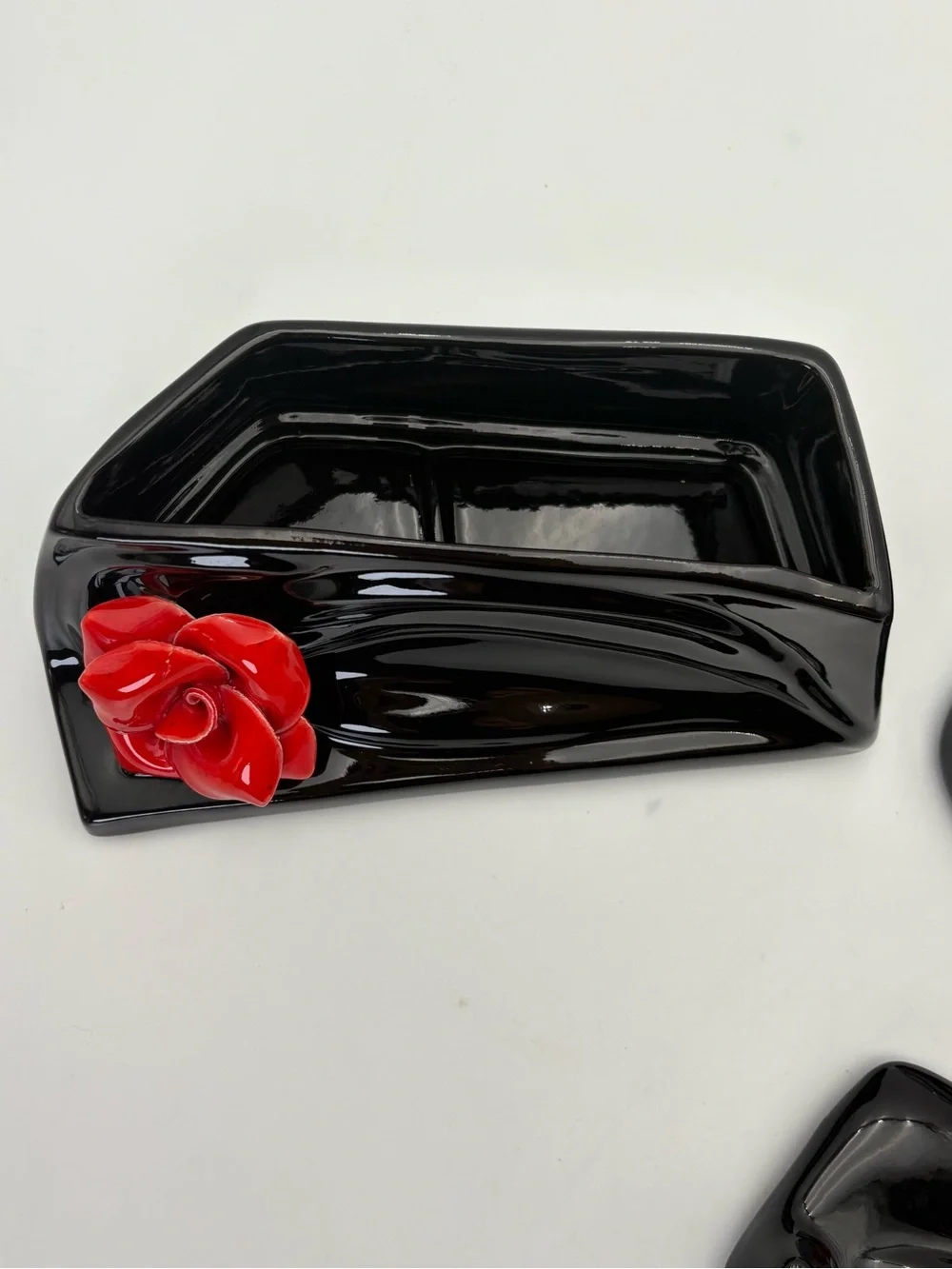 Art Deco Style Black Ceramic and Red Rose Lidded Box and Open Container